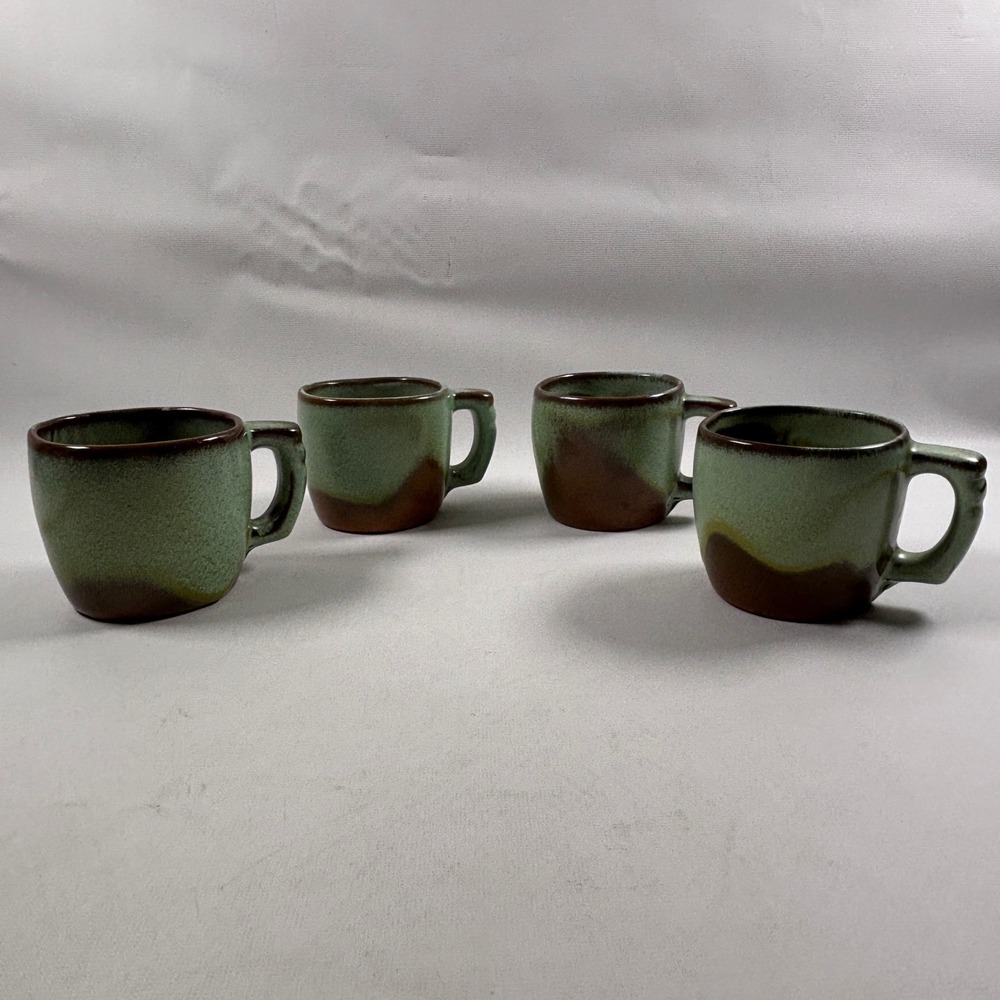 Frankoma Pottery 4 Mug Set Plainsman Prairie Green Coffee Cups